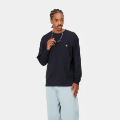 T-Shirts & Polos>Carhartt WIP L/S Chase T-Shirt Dark Navy / Gold