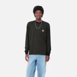 T-Shirts & Polos>Carhartt WIP L/S Verner Pocket T-Shirt Verner Stripe, Dark Navy / Office Green