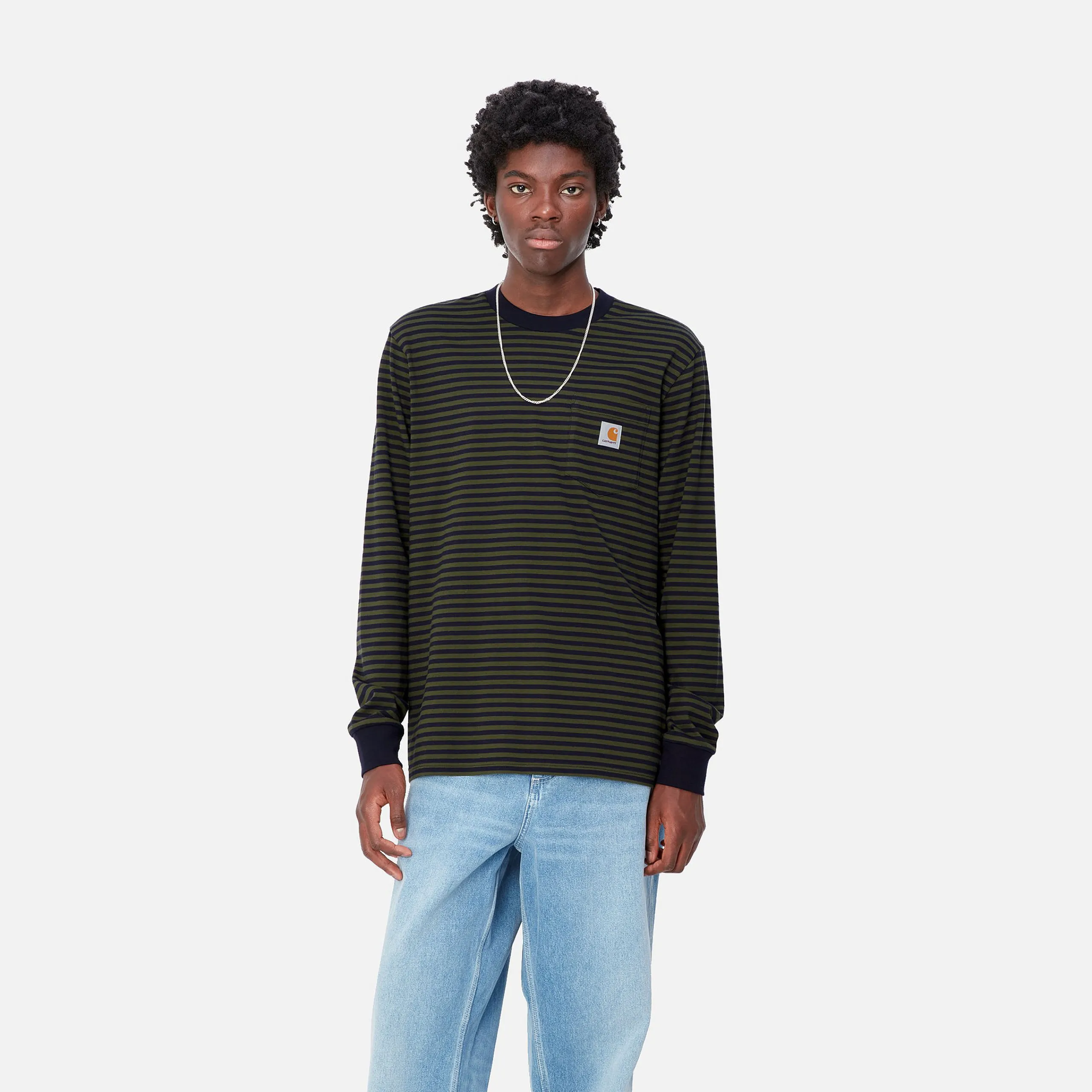 T-Shirts & Polos>Carhartt WIP L/S Verner Pocket T-Shirt Verner Stripe, Dark Navy / Office Green