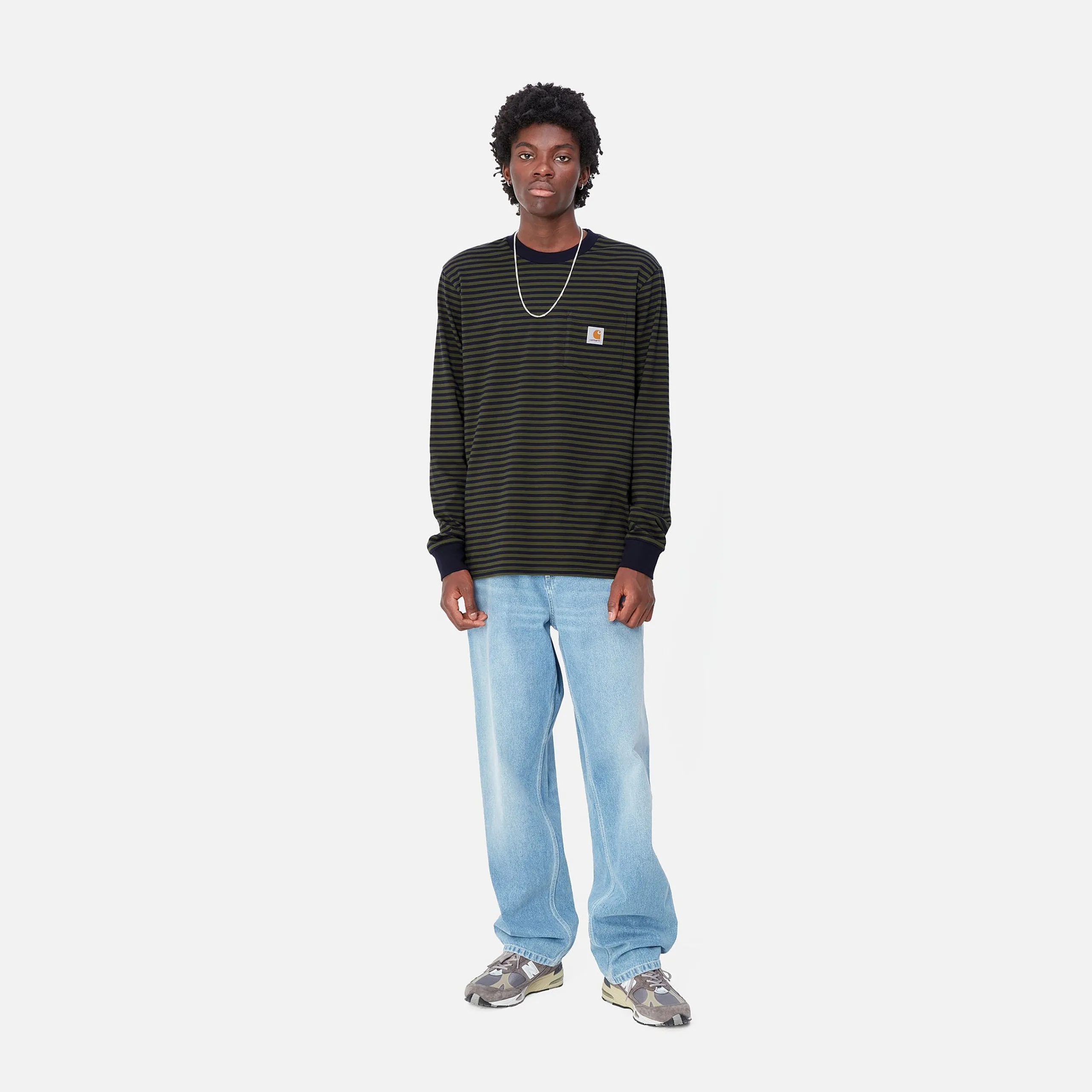 T-Shirts & Polos>Carhartt WIP L/S Verner Pocket T-Shirt Verner Stripe, Dark Navy / Office Green