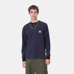 T-Shirts & Polos>Carhartt WIP L/S Verner Pocket T-Shirt Verner Stripe, Black / Aura