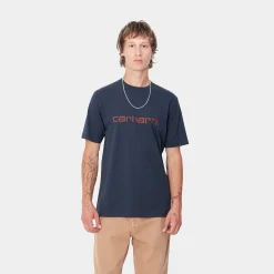 T-Shirts & Polos>Carhartt WIP S/S Script T-Shirt Air Force Blue / Malbec