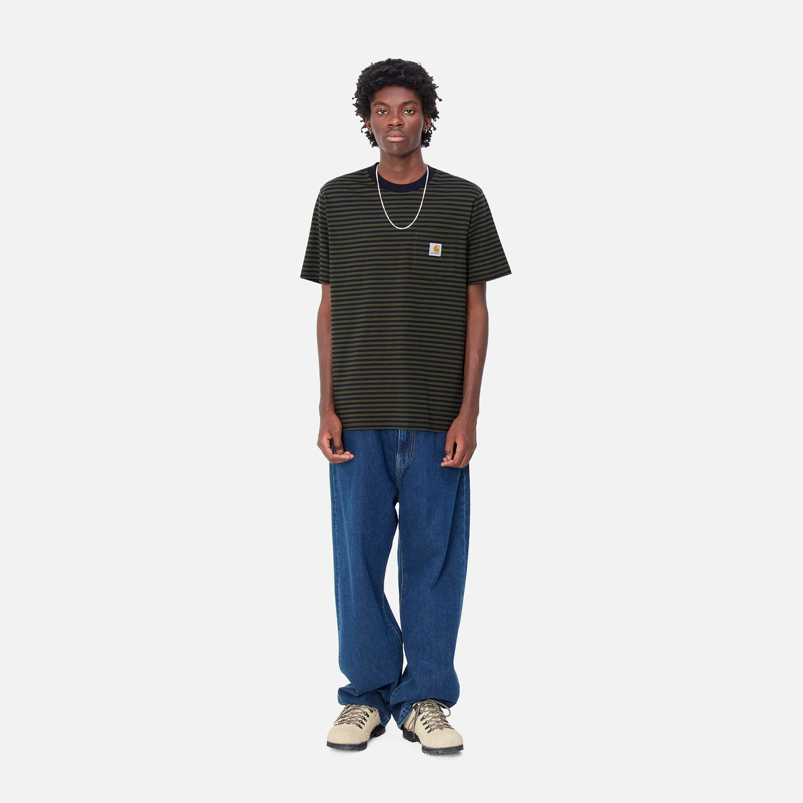 T-Shirts & Polos>Carhartt WIP S/S Verner Pocket T-Shirt Verner Stripe, Dark Navy / Office Green